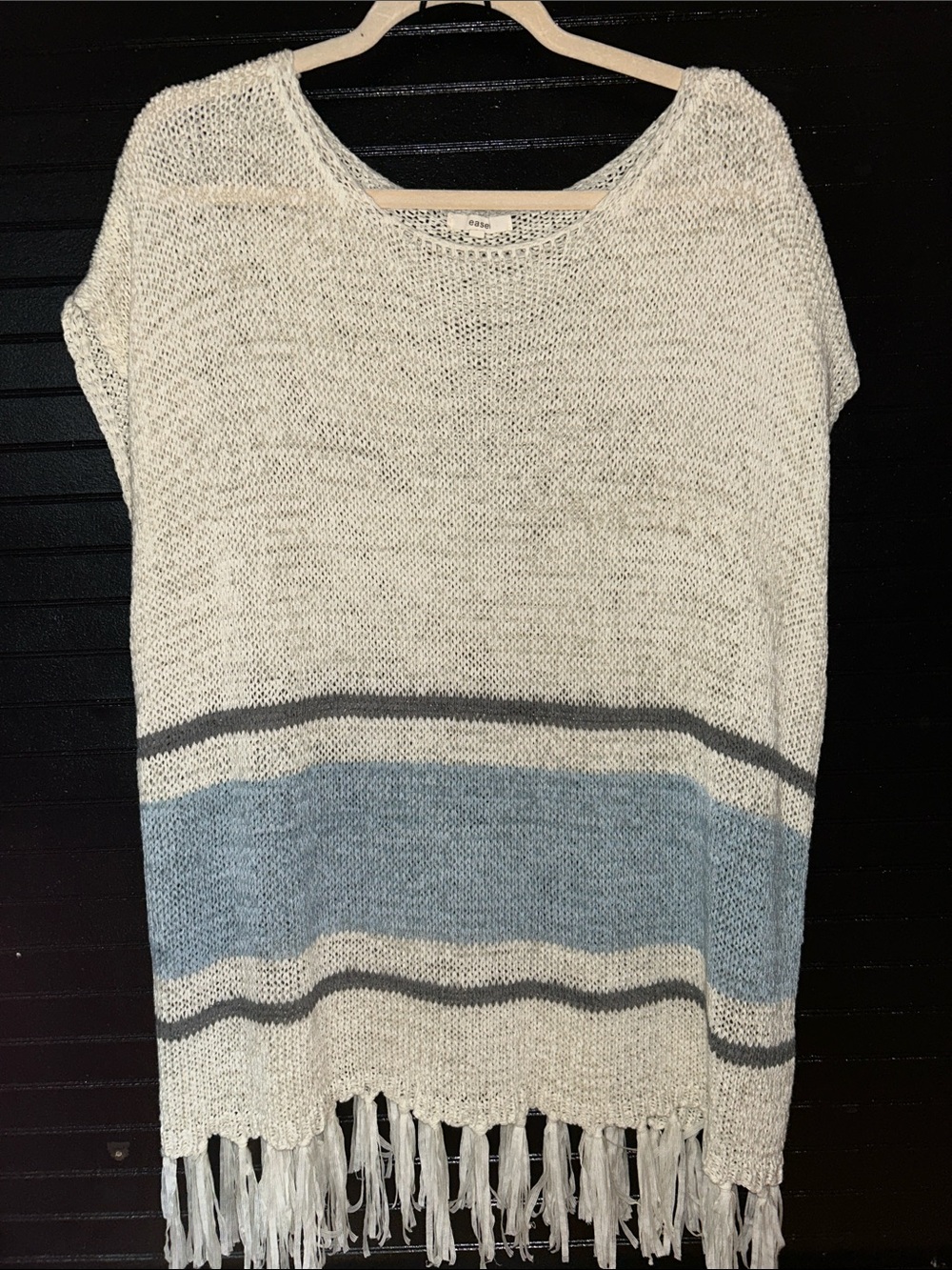 easel | Cream Knit Fringe Tunic with Blue & Gray Stripes